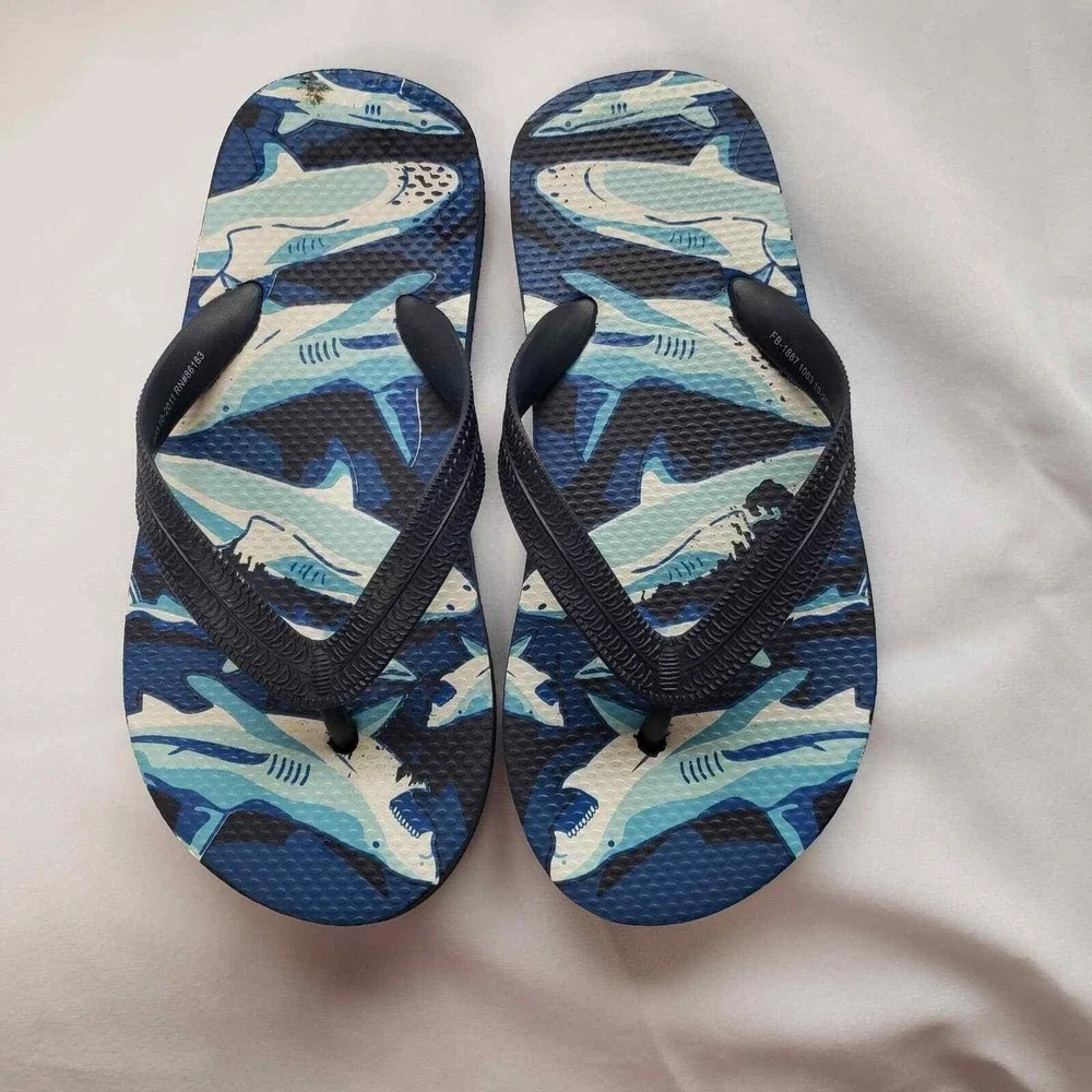 Girls Boys Blue Shark Print Flip Flops Beach Pool‎ Sandals Water Shoes
